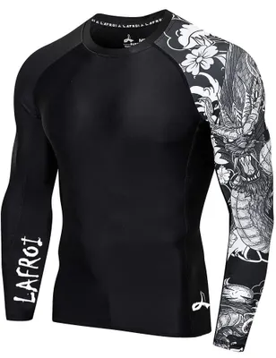 Productafbeelding van Heren langarm basislaag met UPF 50+ bescherming, compressiefit, rash guard, asymmetrisch design met drakenmotief