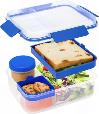 Produktbild von Bugucat Lunchbox Erwachsene 1600ML, Auslaufsichere Brotdose Bento Box Erwachsene mit Fächern, Lunchbox Kinder Salatbox to Go mit Soßenbox, Snackbox Frühstücksbox für Schule Picknick Büro, Blau