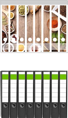 Produktbild von Wallario 8 Stück schmale Ordner inkl. Klebeetiketten mit Motive Gewürze in Schüsseln auf einem alten Holztisch in der Küche -  Set mit Rückenschildern / Ordnerrücken Stickern