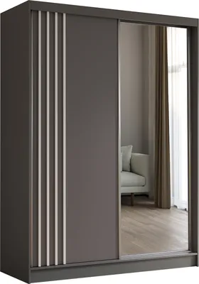 Image de Armoire Neli de 160 cm avec lamelles et miroir, 2 portes coulissantes (couleur : gris, gris, lamelles blanches)