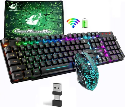 Produktbild von Tastatur mit Regenbogen-Hintergrundbeleuchtung, 2,4 G, wiederaufladbar, mechanische Haptik, 104 Tasten, Gaming-Tastatur + 2400 DPI, 6 Tasten