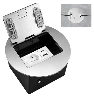 Bodensteckdose 4000 W/16 A, flach, EU-Steckdosen + USB-C, Edelstahl