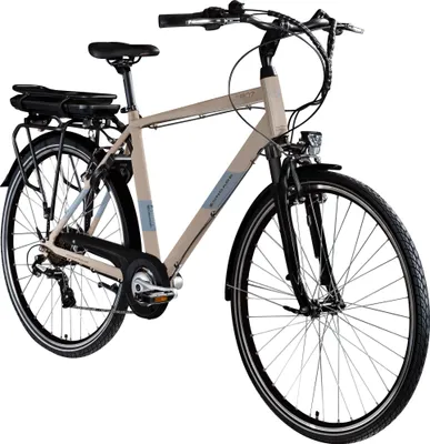 A studio shot of a beige electric bicycle against a white background.