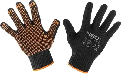 A pair of black work gloves with orange grip dots on the palm side, shown from the palm and back views.