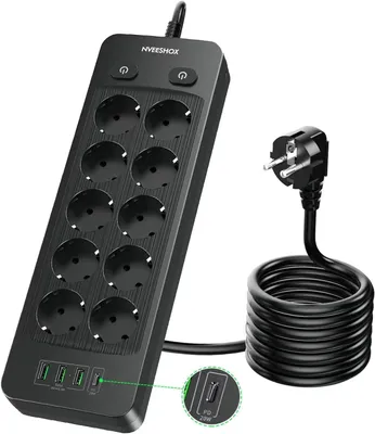 Obrázek produktu pro Zásuvková lišta s 10 zásuvkami a USB-C portem (20 W) – kabel o délce 5 metrů