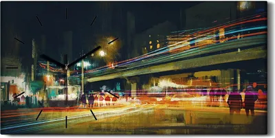 Produktbild von Wandbild Leinwand Bilder mit Uhr 60x30 Nacht Stadtstraße mit bunten Licht - schwarze Hände
