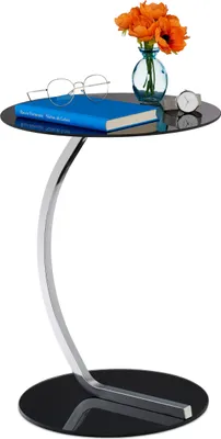 Produktbild von Relaxdays Beistelltisch, rund, für Wohnzimmer, modernes Design, Glas & Stahl, H x D: 55 x 40 cm, Couchtisch, schwarz
