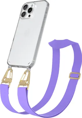Produktbild von EAZY CASE - Hülle mit Band für Apple iPhone 16 Pro Max, Handyhülle mit Umhängeband, Silikonhülle transparent, Handykette in Violett