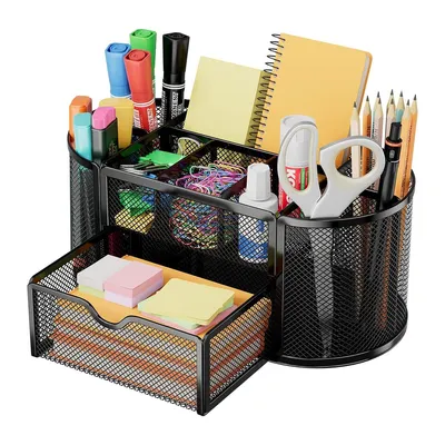 Produktbild von Schreibtisch Organizer,stiftehalter schreibtisch,Mesh Metall Desktop Büro Organizer mit 8 Stifthaltern und 1 Schublade,Es Platz zu Hause, 22x11x10cm