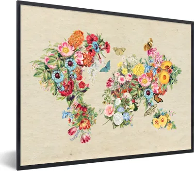 Produktbild von MuchoWow® Gerahmtes Poster Weltkarte - Vintage - Blumen 80x60 cm - Poster mit Schwarzem Bilderrahmen Wandposter Rahmen Foto Bilder - Schwarzem - Mit Gestell