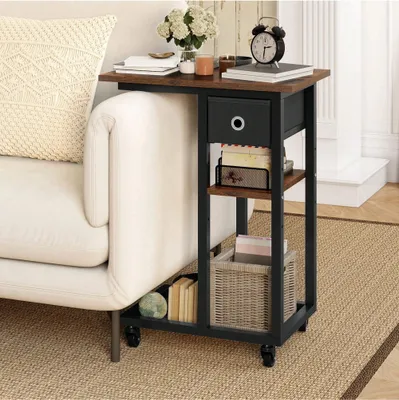 Produktbild von Beistelltisch, C-Form Sofatisch mit Rollen und Schublade, Wohnzimmertisch 50 x 30 x 67cm, Vintage Braun