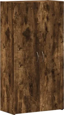 A tall, narrow wooden cabinet with two doors and silver handles.