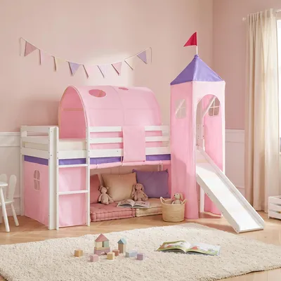 Produktbild von Homestyle4u Hochbett 90x200 mit Rausfallschutz Kinder mit Rutsche Leiter Turm Tunnel Vorhang Rosa Massivholz Weiß