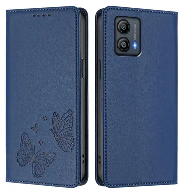 Produktbild von Lederhülle für Motorola Moto G53, Schmetterling Prägung Leder Brieftasche Schutzhülle mit Ständer Dunkelblau