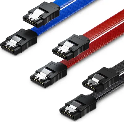 Produktbild von deleyCON 3x 50cm SATA 3 Nylon Kabel Set 6 Gbit/s Verbindungskabel Mainboard HDD SSD Festplatte 2 S-ATA Stecker Gerade Schwarz Blau Rot