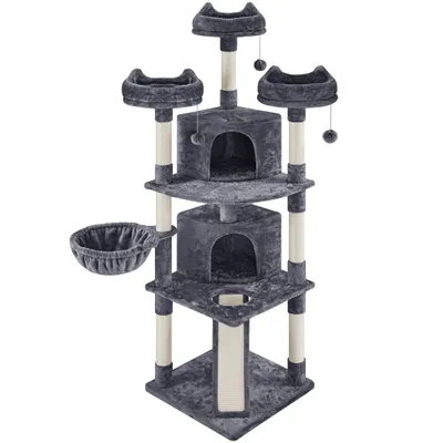 A multi-level cat tree with scratching posts, perches, and enclosed cubbies, set against a white background.