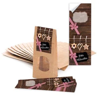 Produktbild von 10 braune Papiertütchen mit Fenster und Pergamineinlage 7 x 4 x 20,5 cm und 10 Aufkleber Sticker"Frohe Weihnachten" mit Stroh-Schmuck zum Verpacken von Gebäck Tee und kleinen Geschenken50 Stück