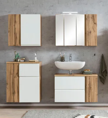 Produktbild von Badmöbel Set, grifflos, stehend oder hängend, mit LED Beleuchtung, Wotan Eiche Nb. mit weiß matt, VASTO-03-WHITE, B/H/T ca. 165/200/35 cm
