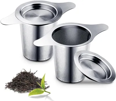 Productafbeelding van PromoHome® Herbruikbaar theezeefje voor losse thee - 2 stuks RVS 304 theefilters met dubbele handgreep en deksel - Fijmazig theezeefje voor