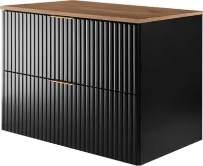 A black vanity cabinet with a brown countertop.