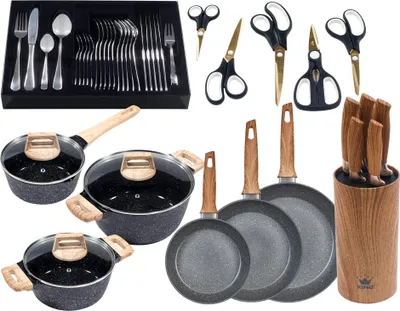 Produktbild von 48tlg. Küchenstarterset »Essential 21« Kochtöpfe (Ø18,20,24cm) + Bratpfannen (Ø20,24,28cm) + 6tlg. Messerset + 31tlg. Besteck + 5tlg. Scherenset