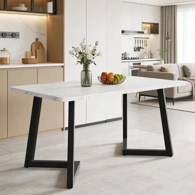 Image de Table à manger rectangulaire 117 x 68 cm aspect marbre, table de cuisine moderne avec pieds métalliques noirs, table de salle à manger luxueuse pour salon et bureau, blanche