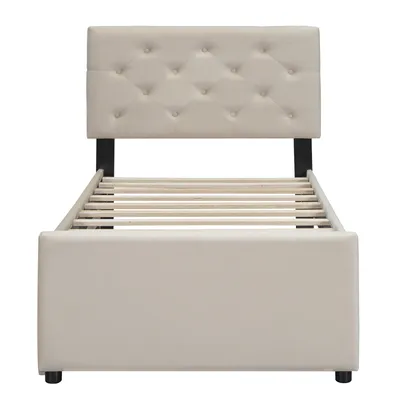 Produktbild von Merax Polsterbett 90x200 cm, mit Ausziehbett 90x190 cm, Lattenrost, Rückenlehne mit Nieten, Doppelbett, Flachbett, Kinderbett, Samt, Beige