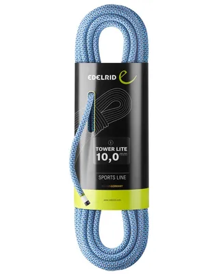 Kletterseil "Tower Lite 10.0mm" von Edelrid; blau; verpackt mit schwarzem Etikett und grünem Schriftzug.