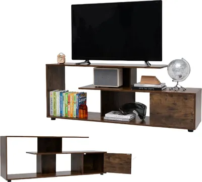 Produktbild von KOMFOTTEU Szafka pod telewizor do 55 cali, szafka RTV 3-poziomowa z szafką z drzwiczkami, stolik RTV z regulowanymi nóżkami, 152 x 38 x 58,5 cm Ława pod telewizor Stolik pod telewizor Szafka pod telewizor drewniana (brązowa)
