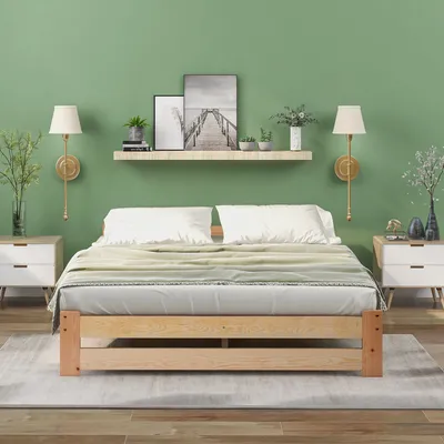 Produktbild von Beige 140x200cm Massivholzbett Mit Kopfteil und Lattenrost Futonbett Massivholz Bett Doppelbett Jugendbett (Ohne Matratze)