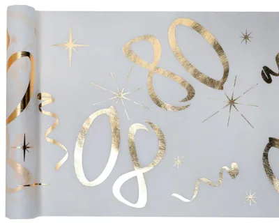 Produktbild von 80. Geburtstag weiss gold Tischläufer 5 m x 30 cm Zahl 80