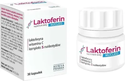 A product shot of a box and a bottle of Norsa Pharma Lactoferin Nucleo.