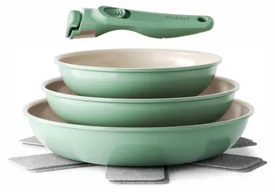 Obrázok produktu pre Sada hrncov z keramiky, 6-dielna, 20/24/28 cm, vhodná na indukciu, odnímateľná rúčka, zelená farba