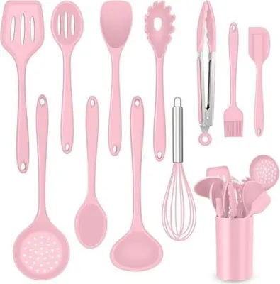 Produktbild von Küchenhelfer Set, Onader 12 teiligs Silikon Kochutensilien Kochbesteck Set, Antihaft Hitzebeständiger Kochgeschirr Küchenutensilien Set mit Utensilienhalter, Spülmaschinengeeignet - Rosa