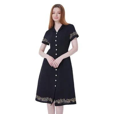 Produktbild von Damen Hemdkleid mit kurzen Ärmeln in Midi-Länge, Stickerei, Knopfleiste und Taschen, Größe 38