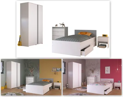 Produktbild von Parisot Jugendzimmer Kinderzimmer Pirouette22 in weiß mit grau oder rosa Set 4-teilig mit Bett, Kommode, Kleiderschrank und Nachttisch