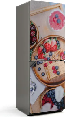 Produktbild von Dessert mit Früchten und Waffeln – Magnetische Kühlschrank Abdeckung – Dekorfolie magnetisch Küche – Kühlschrank Magnet Deko – selbstklebende Magnettafel – Magnetfolie für Kühlschranktür – 70x190 cm