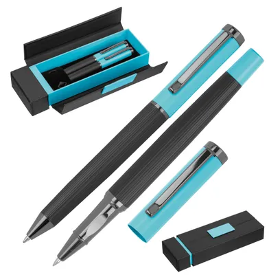 Produktbild von Edles Schreibset / mit Kugelschreiber & Rollerball / Farbe: schwarz-hellblau