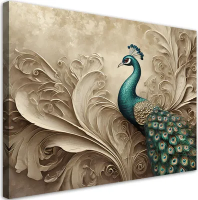 Produktbild von Leinwandbild Tiere Pfau Beige 90x60 Feeby Beige bild für die wand bereit zum aufhängen