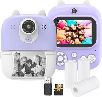 Produktbild von Sofortbildkamera fuer Kinder, Digitalkamera fuer Kinder, 1080P, digitale Videokamera, Doppelobjektiv, 2,4-Zoll-IPS-Bildschirm, eingebauter Akku mit 32 GB TF-Karte und USB-Kartenleser, 3 Rollen Thermodruckpapier, Umhaengeband, Geburtstags- und Festivalgeschenk fuer Kinder, Jungen und Maedchen