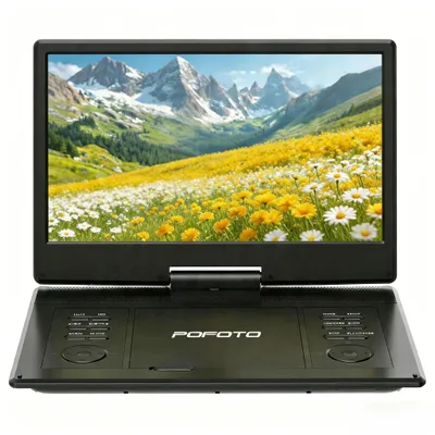 Productafbeelding van 15,7-inch draagbare DVD-speler met 14,1-inch HD-scherm dat kantelbaar is, 6 uur batterijduur, zonevrij, ondersteunt meerdere formaten/SD/USB, TV/beamer-aansluiting