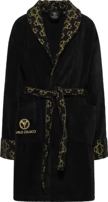 Produktbild von CARLO COLUCCI Bademantel Schwarz Gold | Schalkragen | 100 % Baumwolle | Frottier | Velours-Jacquard Details | knielang | Logostickerei | Damen | XXL
