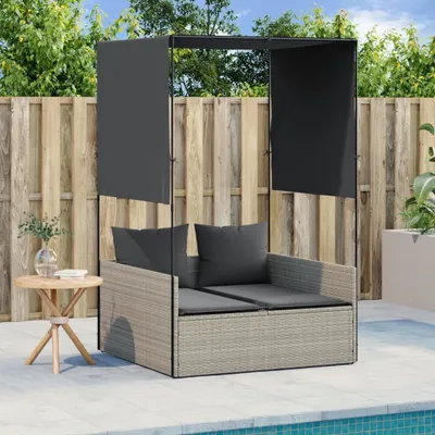 Produktbild von Maison Exclusive - Doppel-Sonnenliege mit Dach und Vorhängen Hellgrau Poly Rattan