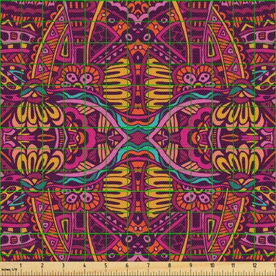 Produktbild von ABAKUHAUS Bunt Gewebe als Meterware, Sechziger-Art Komposition mit Tribal Festliche Psychedelische Ornamentik Blumen, 3 M (148 x 300 cm), Mehrfarbig