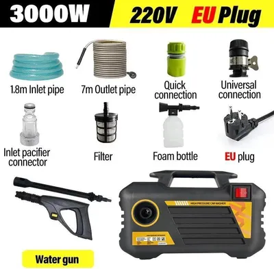 Obrázek produktu pro Elektrická vysokotlaká pistole – mycí pistole – 3000 W, 220 V, 3 režimy stříkání, kabelová, pro auto a zahradu – oranžová