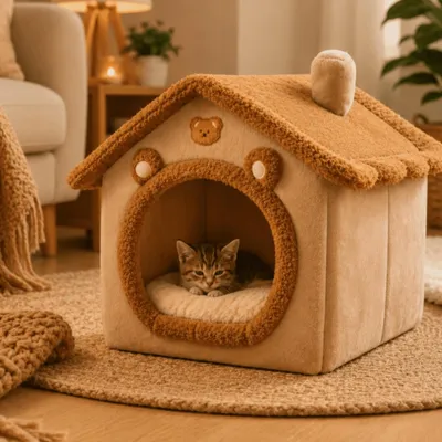 Produktbild von Aluz Katzenhöhle 2in1 Katzenbett 30x30 cm Faltbar mit Kissen Beige Braun