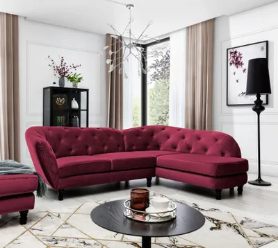 Produktbild von Ecksofa Designersofa CHARLOTTE in Stoff Matt Velvet Bordeaux Ottomane Rechts