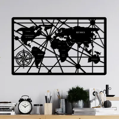 Image de Wallity, World Map 7-S, Accessoire mural décoratif en métal, 100 % METAL, noir, 40 x 65 cm