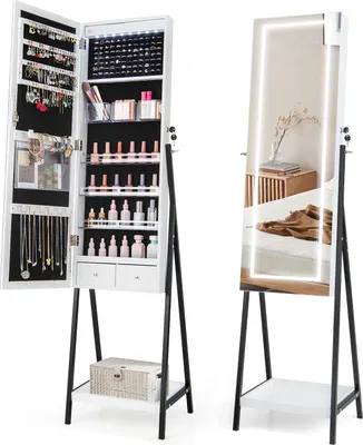 Produktbild von GOPLUS Schmuckschrank LED mit Ganzkörperspiegel, Spiegelschrank  abschließbarer Schmuck-Organizer, Schmuckaufbewahrung Weiß