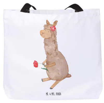 Produktbild von Mr. & Mrs. Panda Tote Bag Alpaka Blume - Weiß - Geschenk, Laptoptasche, Spruch, Lama, Einkaufstasche, Tasche, Beutel, Lamas, Reisetasche